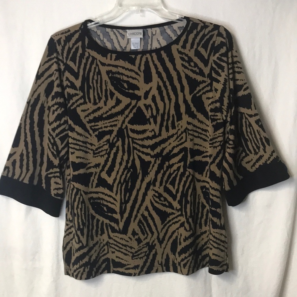 CHICO’S Women’s Tunic Brown Black Abstract Pattern Size L 3/4 Sleeve Stretchy